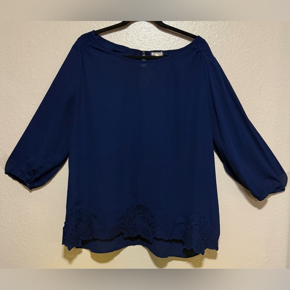 Eyeshadow Lace Trim Blouse | Navy Blue Top | Women’s 1X - Picture 2 of 5